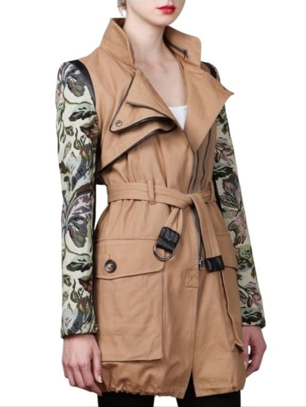 Aryn K Tan Trench Coat with Floral Embroidered Sleeves